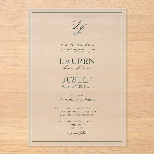 Invitations En Acrylique Mariage Monogramme Emerald Green Classic (Recto)