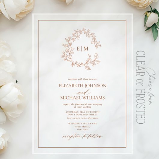 Invitations En Acrylique Mariage Monogramme en terre cuite moderne