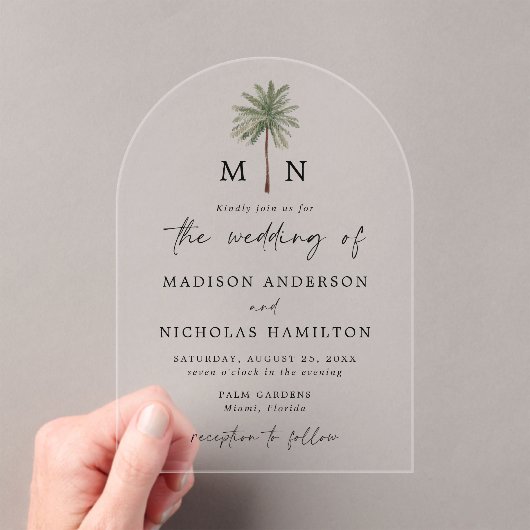 Invitations En Acrylique Mariage Monogramme minimal Palm Tree (In situ (ordinateur de poche))