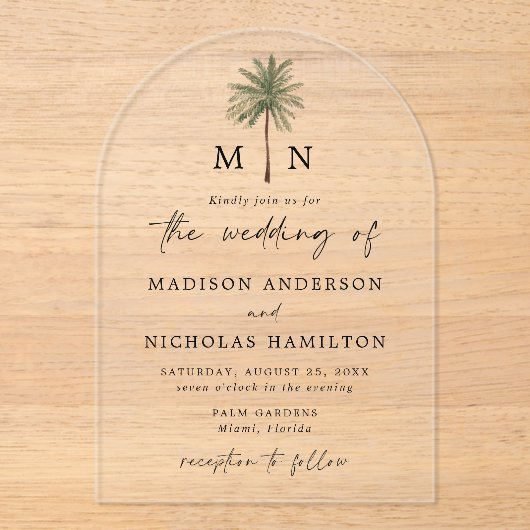 Invitations En Acrylique Mariage Monogramme minimal Palm Tree (Recto)