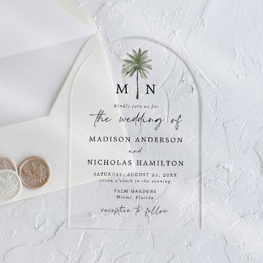 Invitations En Acrylique Mariage Monogramme minimal Palm Tree