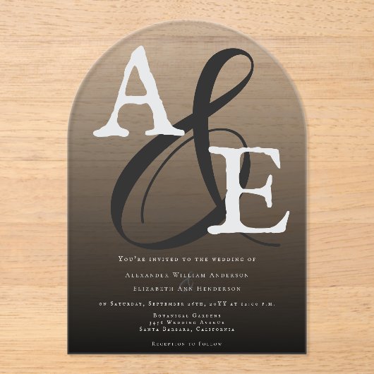 Invitations En Acrylique Mariage Monogramme minimaliste noir (Recto)