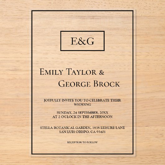 Invitations En Acrylique Mariage Monogramme Noir Et Blanc Simple (Recto)