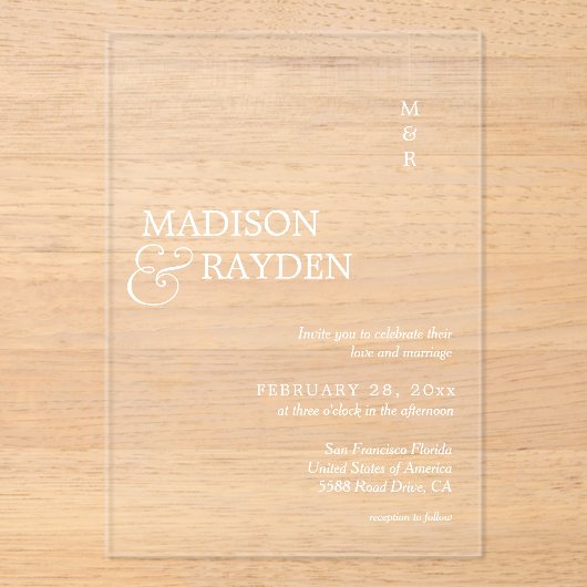 Invitations En Acrylique Mariage Monogramme simple moderne (Recto)