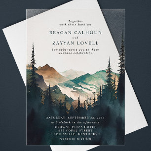 Invitations En Acrylique Mariage Montagnes Aquarelles Et Forêt De Pins