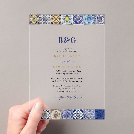 Invitations En Acrylique Mariage Motif de tuiles portugaises méditerranéenn (In situ (ordinateur de poche))