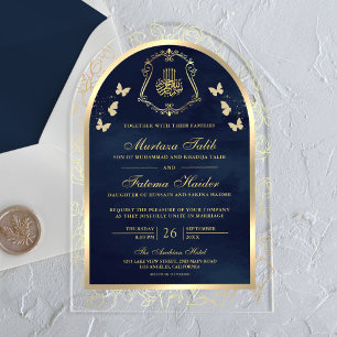 Invitations En Acrylique Mariage Musulman Arc Papillon Or Bleu Marine