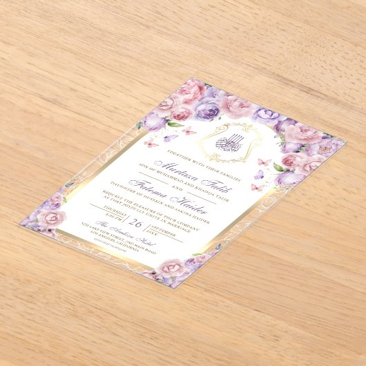 Invitations En Acrylique Mariage Musulman Arche Dorée Fleurs Rose Lavande (Poser)