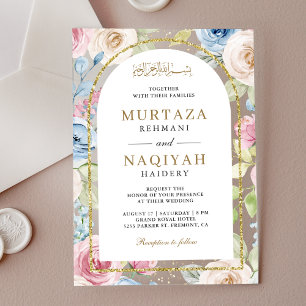 Invitations En Acrylique Mariage Musulman avec Arche Dorée aux Fleurs Douce