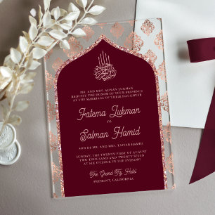 Invitations En Acrylique Mariage Musulman avec Arche en Damassé Or Rose de