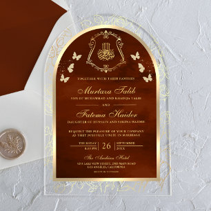 Invitations En Acrylique Mariage musulman Burange Orange Gold Butterfly Arc