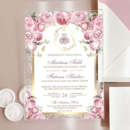 Invitations En Acrylique Mariage musulman de l'Arche d'or rose pâle