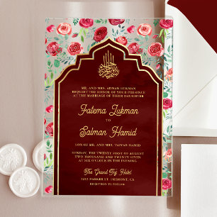 Invitations En Acrylique Mariage Musulman Fleurs Roses Rouges Or