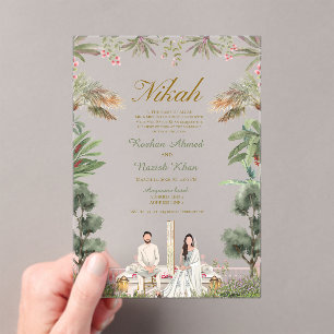 Invitations En Acrylique Mariage musulman floral rose et vert