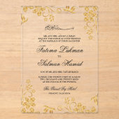 Invitations En Acrylique Mariage musulman islamique à fleurs dorées (Recto)