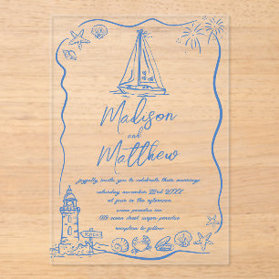 Invitations En Acrylique Mariage nautique de plage avec gribouillages dessi