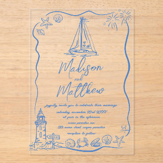 Invitations En Acrylique Mariage nautique de plage avec gribouillages dessi