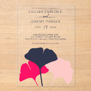 Invitations En Acrylique Mariage Navy Moderne et Feuilles de Ginkgo Rose