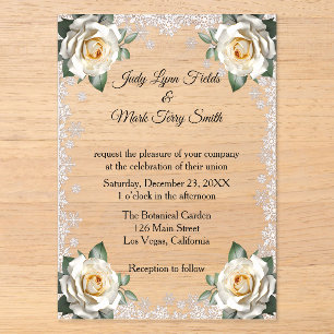 Invitations En Acrylique Mariage Noël Flocon de Neige Roses Blanches