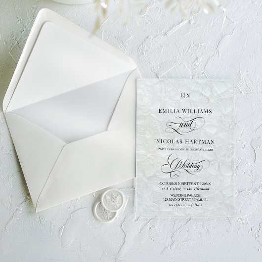 Invitations En Acrylique Mariage noir et blanc Old Money Monogram