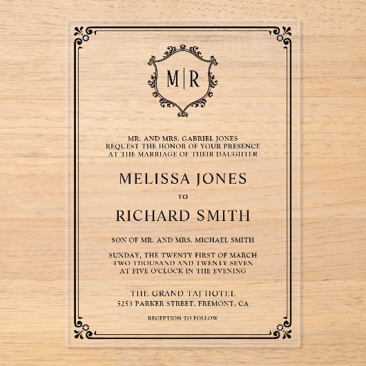 Invitations En Acrylique Mariage noir monogramme minimum (Recto)