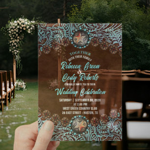 Invitations En Acrylique Mariage occidental Country Western Turquoise Marro