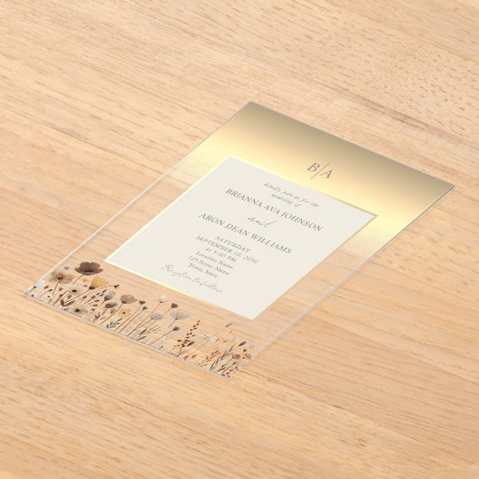 Invitations En Acrylique Mariage or Fleur sauvage Boho (Poser)