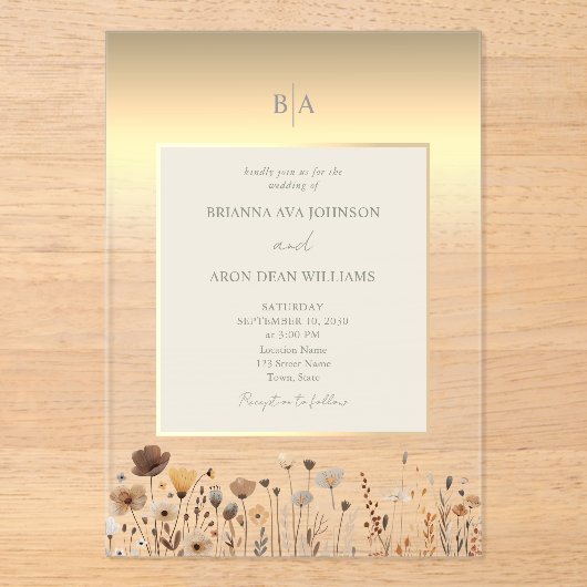 Invitations En Acrylique Mariage or Fleur sauvage Boho (Recto)