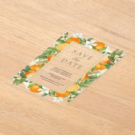 Invitations En Acrylique Mariage orange Tangerine Citrus Enregistrer la dat (Poser)