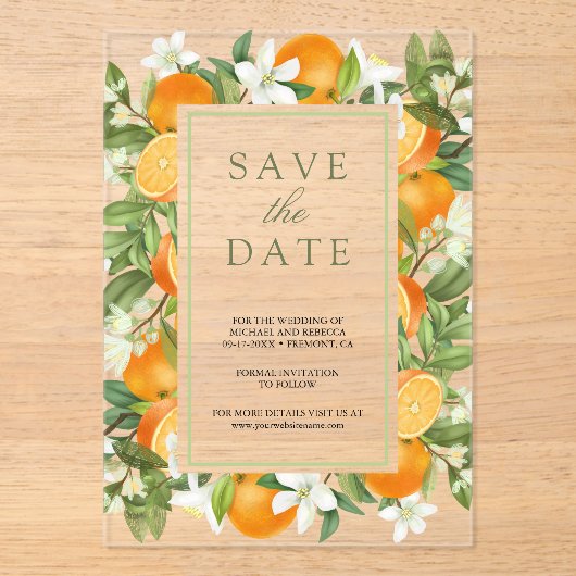 Invitations En Acrylique Mariage orange Tangerine Citrus Enregistrer la dat (Recto)