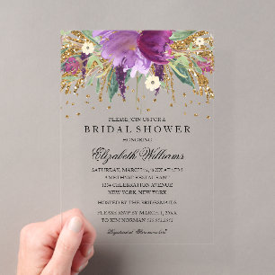 Invitations En Acrylique Mariage Pailleté Étincelant Floral Améthyste