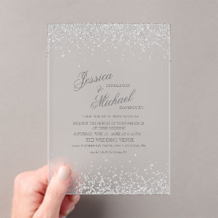 Invitations En Acrylique Mariage Paillettes Argent Élégant