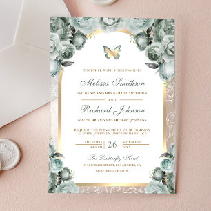 Invitations En Acrylique Mariage Papillon Arc Doré Floral Vert Sauge