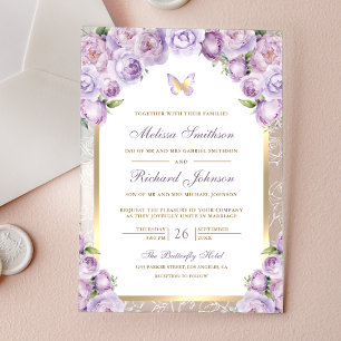 Invitations En Acrylique Mariage Papillon Arche Florale Or Violet Lavande