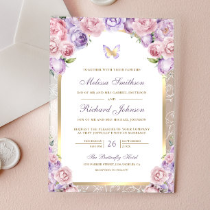 Invitations En Acrylique Mariage Papillon Arche Florale Rose Lavande Or