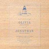 Invitations En Acrylique Mariage Phare Bleu Chic Côtiers (Recto)