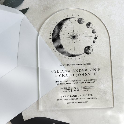 Invitations En Acrylique Mariage Phases de Lune Croissant Noir Céleste