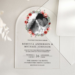 Invitations En Acrylique Mariage Photo avec Arche Florale Rose Bourgeon Bou