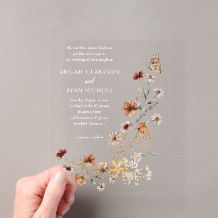Invitations En Acrylique Mariage photo avec code QR floral de fleurs sauvag
