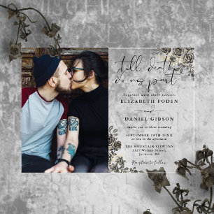 Invitations En Acrylique Mariage photo floral de roses gothiques noir et or