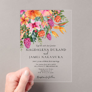 Invitations En Acrylique Mariage Photo Floral Tropical Orange Rose Coloré