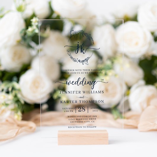 Invitations En Acrylique Mariage photo Floral Wreath Navy Blue Monogram