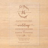 Invitations En Acrylique Mariage photo Floral Wreath Terracotta Monogram (Recto)
