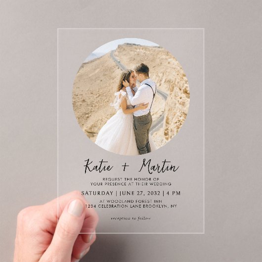 Invitations En Acrylique Mariage photo rond noir et blanc simple (In situ (ordinateur de poche))