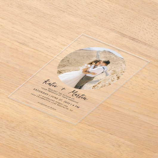 Invitations En Acrylique Mariage photo rond noir et blanc simple (Poser)