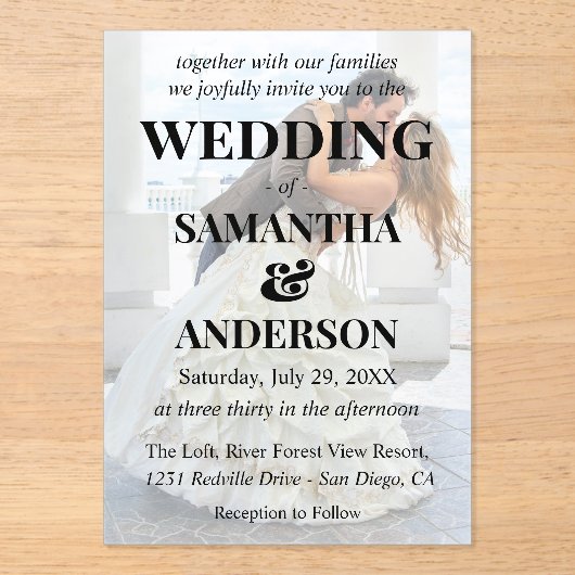 Invitations En Acrylique Mariage photo simple modifiable en noir blanc (Recto)