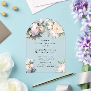 Invitations En Acrylique Mariage Pivoine Blanche Douce avec Eucalyptus