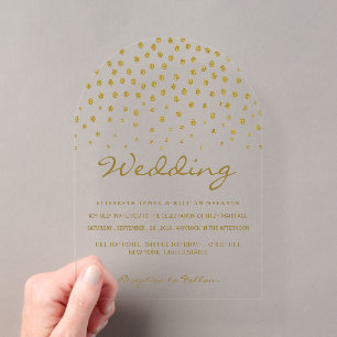 Invitations En Acrylique Mariage - Pois Dorés - Blanc & Or