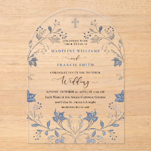Invitations En Acrylique mariage religieux élégant feuillage bleu