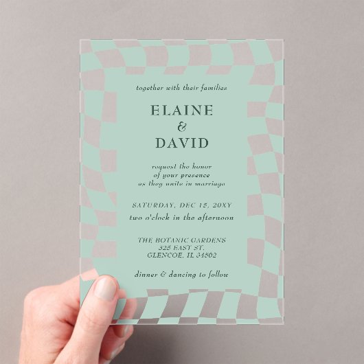 Invitations En Acrylique Mariage Retro Super Green Checkerboard (In situ (ordinateur de poche))